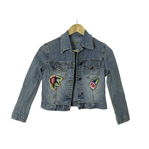 Arizona Girls Embroidered Denim Jean Jacket MED Floral & Butterfly Patches